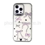 iPhone 15 Luxury Pink Bow Print Clear Phone Cover With Metal Finish